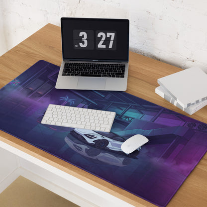 McLaren 765LT Inspired White Purple Vaporwave Gaming Mouse Pad – Neon Cyberpunk Garage Desk Mat with Twin Supercars and Futuristic Digital Art