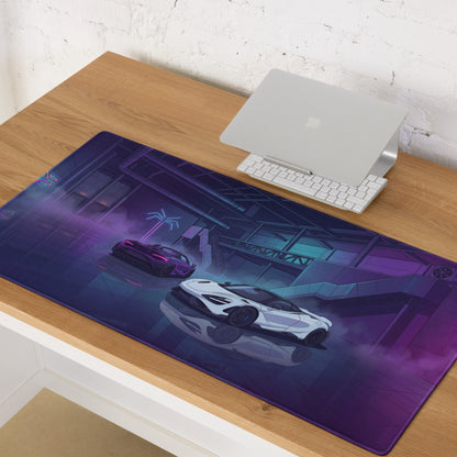 McLaren 765LT Inspired White Purple Vaporwave Gaming Mouse Pad – Neon Cyberpunk Garage Desk Mat with Twin Supercars and Futuristic Digital Art