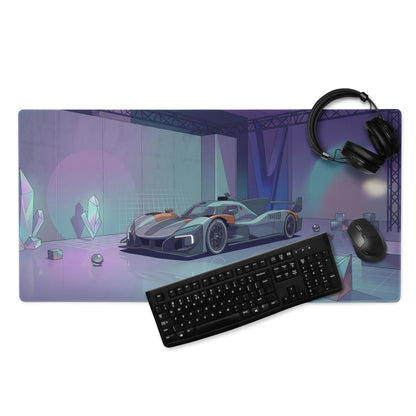 McLaren MCL-HY GTR Inspired Silver Orange Vaporwave Gaming Mouse Pad – Futuristic Neon Showroom Desk Mat with Geometric Crystals and Hypercar Digital Art