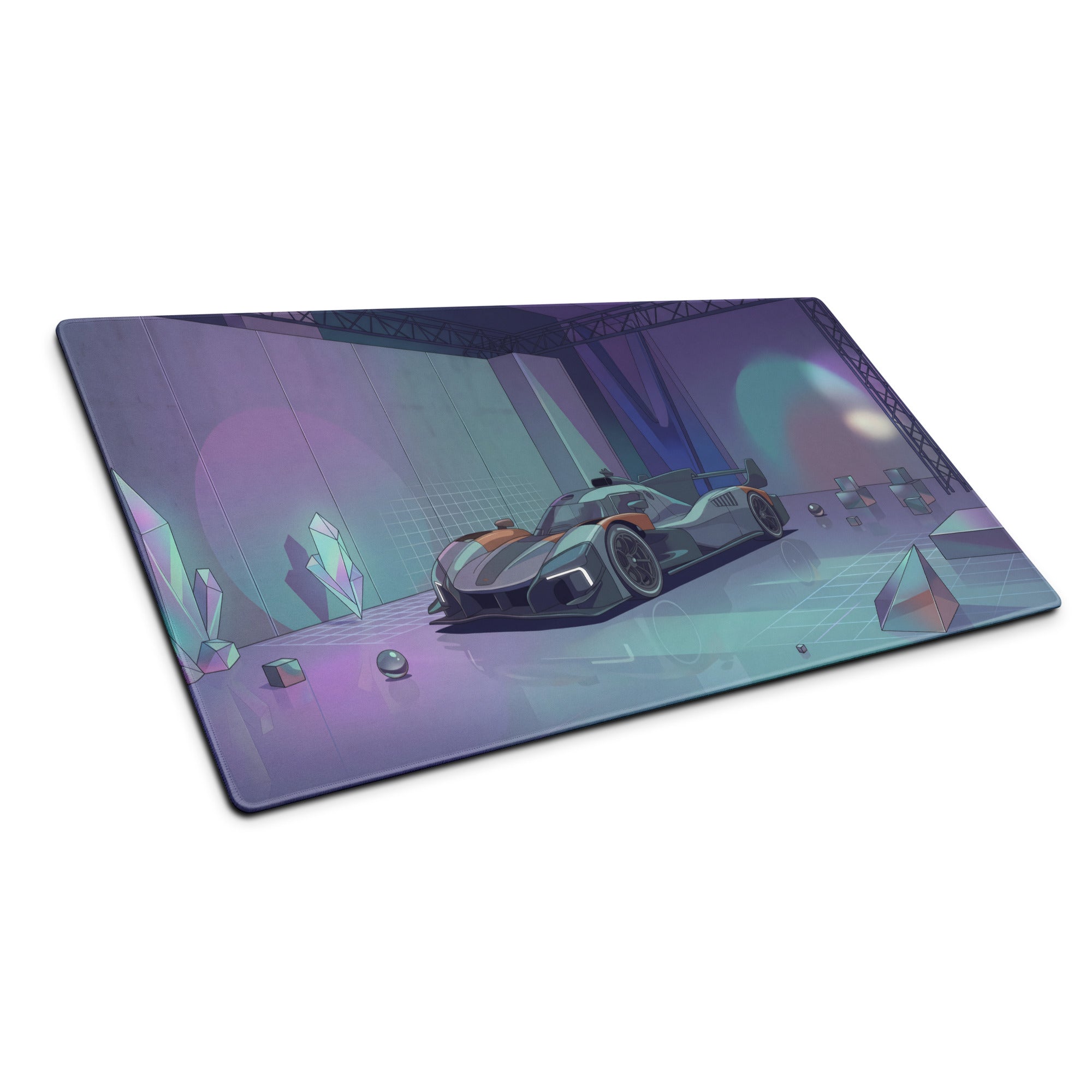 McLaren MCL-HY GTR Inspired Silver Orange Vaporwave Gaming Mouse Pad – Futuristic Neon Showroom Desk Mat with Geometric Crystals and Hypercar Digital Art