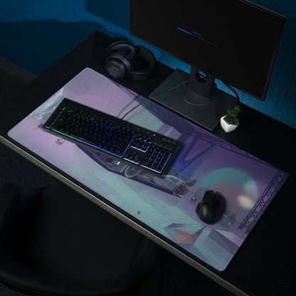 McLaren MCL-HY GTR Inspired Silver Orange Vaporwave Gaming Mouse Pad – Futuristic Neon Showroom Desk Mat with Geometric Crystals and Hypercar Digital Art