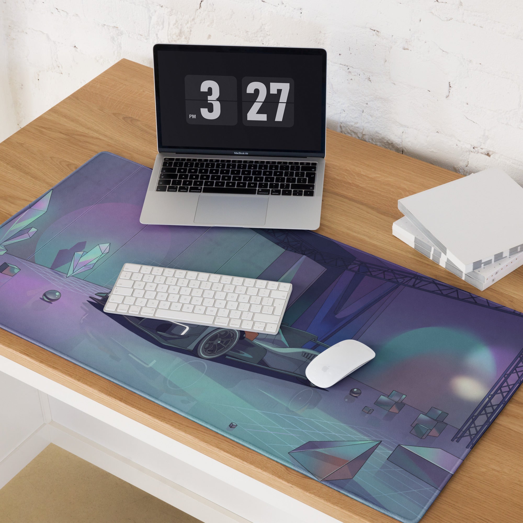 McLaren MCL-HY GTR Inspired Silver Orange Vaporwave Gaming Mouse Pad – Futuristic Neon Showroom Desk Mat with Geometric Crystals and Hypercar Digital Art