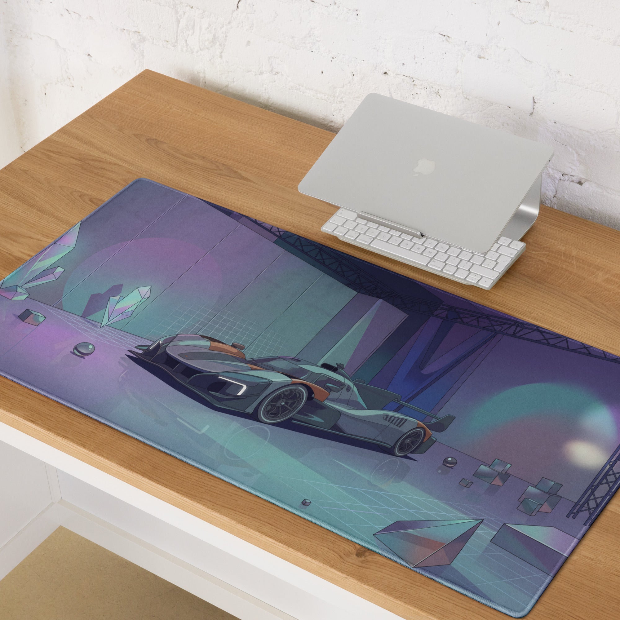 McLaren MCL-HY GTR Inspired Silver Orange Vaporwave Gaming Mouse Pad – Futuristic Neon Showroom Desk Mat with Geometric Crystals and Hypercar Digital Art