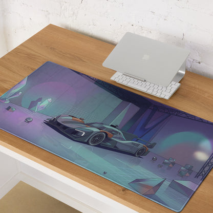 McLaren MCL-HY GTR Inspired Silver Orange Vaporwave Gaming Mouse Pad – Futuristic Neon Showroom Desk Mat with Geometric Crystals and Hypercar Digital Art