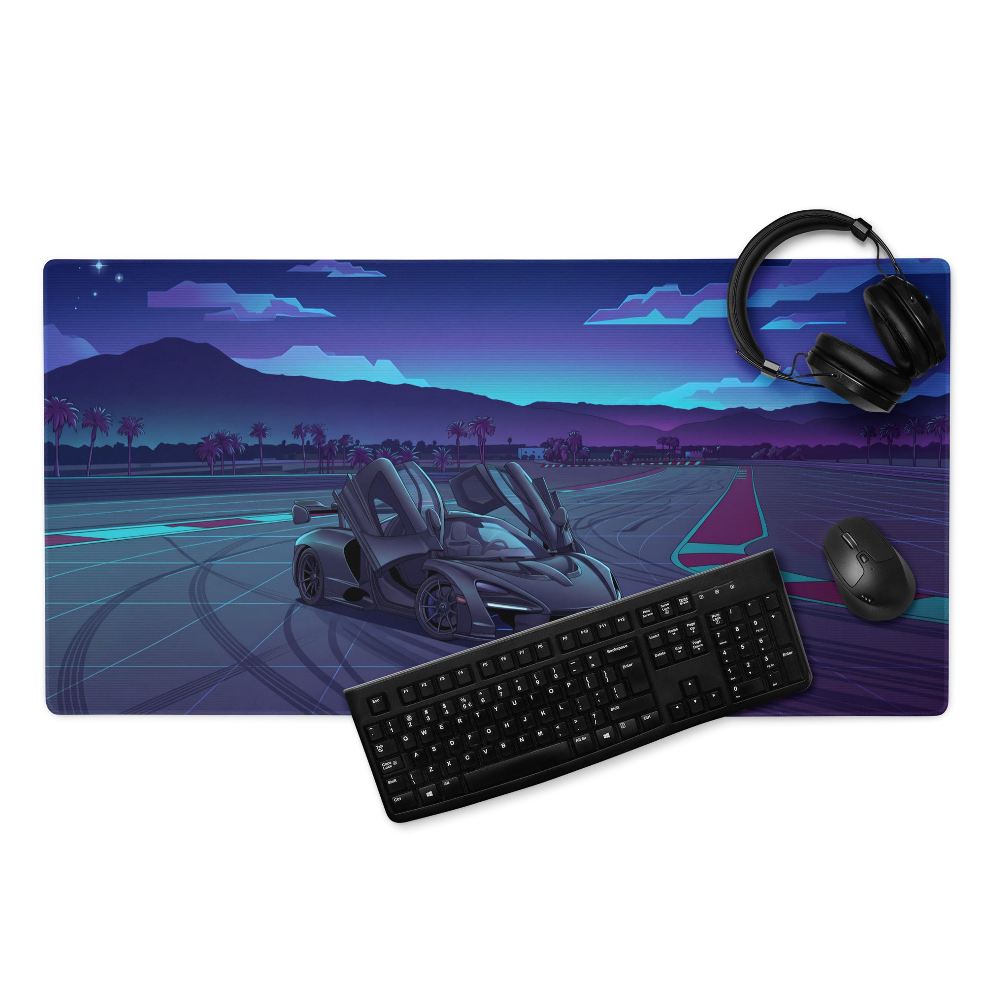 McLaren Senna Inspired Black Blue Vaporwave Gaming Mouse Pad – Neon Racetrack Desk Mat with Raised Doors, Palm Trees and Retro Futuristic Supercar Art