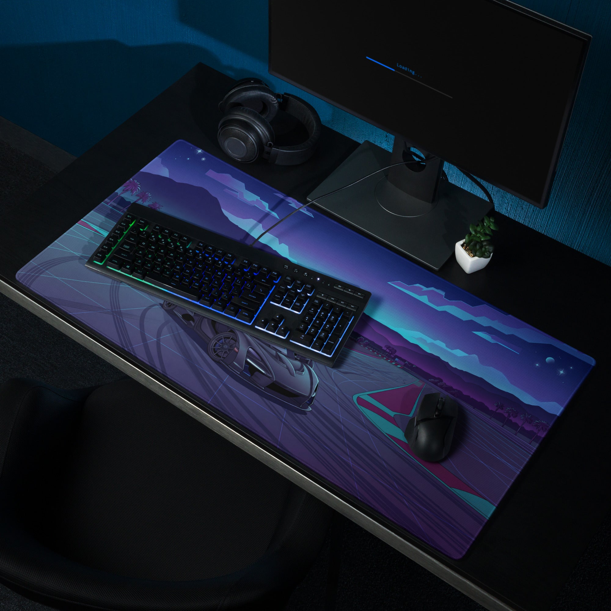 McLaren Senna Inspired Black Blue Vaporwave Gaming Mouse Pad – Neon Racetrack Desk Mat with Raised Doors, Palm Trees and Retro Futuristic Supercar Art