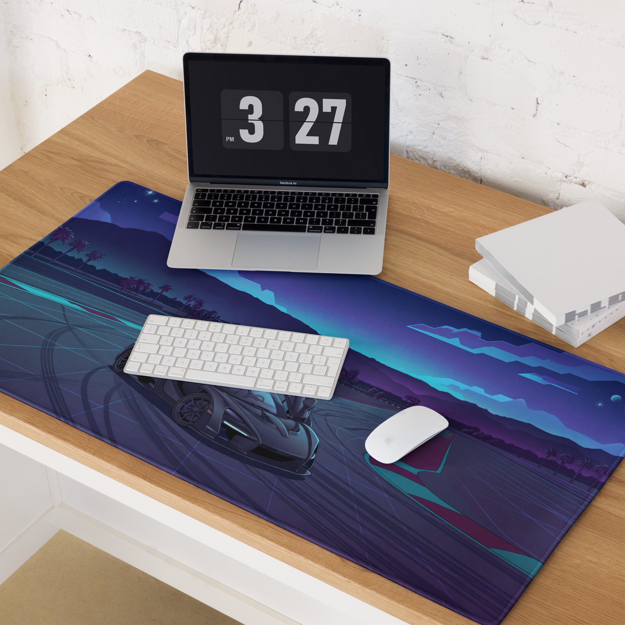 McLaren Senna Inspired Black Blue Vaporwave Gaming Mouse Pad – Neon Racetrack Desk Mat with Raised Doors, Palm Trees and Retro Futuristic Supercar Art