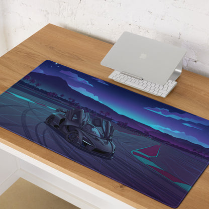 McLaren Senna Inspired Black Blue Vaporwave Gaming Mouse Pad – Neon Racetrack Desk Mat with Raised Doors, Palm Trees and Retro Futuristic Supercar Art