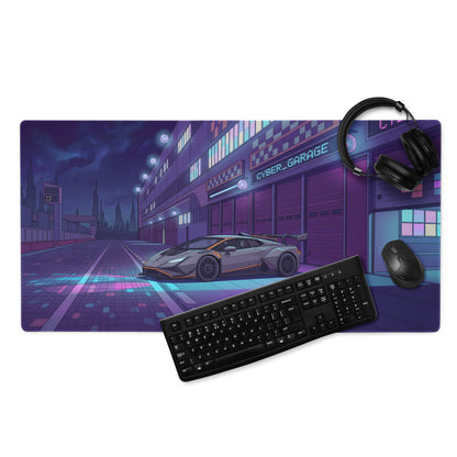 Lamborghini Huracán STO GT3 Inspired Silver Purple Vaporwave Gaming Mouse Pad – Neon Cyberpunk Garage Desk Mat, Futuristic Night City Anime Style Automotive Artwork