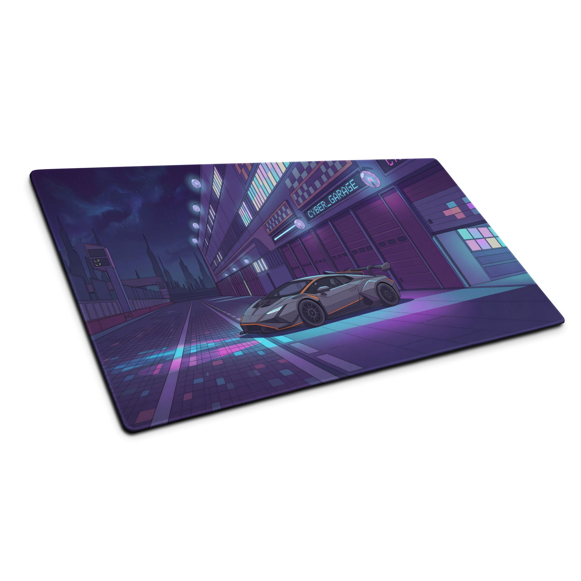 Lamborghini Huracán STO GT3 Inspired Silver Purple Vaporwave Gaming Mouse Pad – Neon Cyberpunk Garage Desk Mat, Futuristic Night City Anime Style Automotive Artwork
