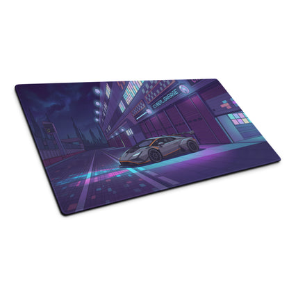 Lamborghini Huracán STO GT3 Inspired Silver Purple Vaporwave Gaming Mouse Pad – Neon Cyberpunk Garage Desk Mat, Futuristic Night City Anime Style Automotive Artwork