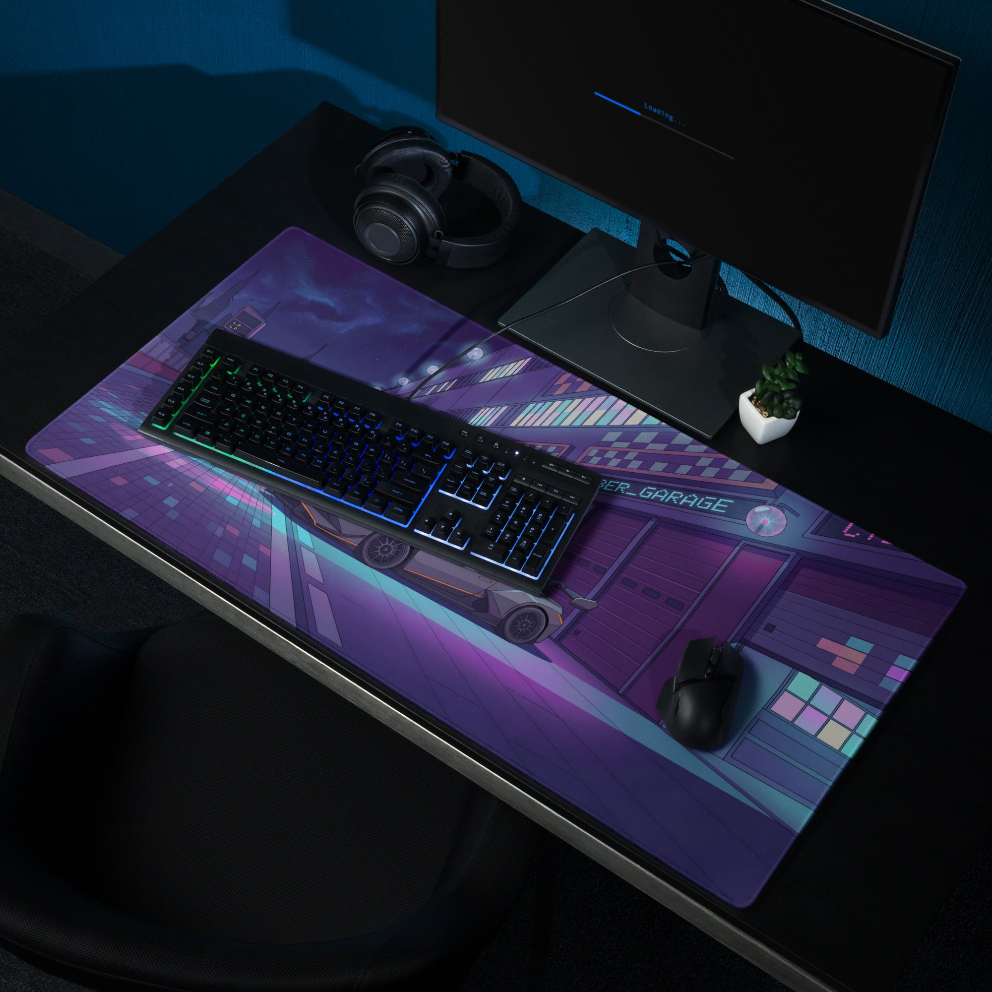 Lamborghini Huracán STO GT3 Inspired Silver Purple Vaporwave Gaming Mouse Pad – Neon Cyberpunk Garage Desk Mat, Futuristic Night City Anime Style Automotive Artwork