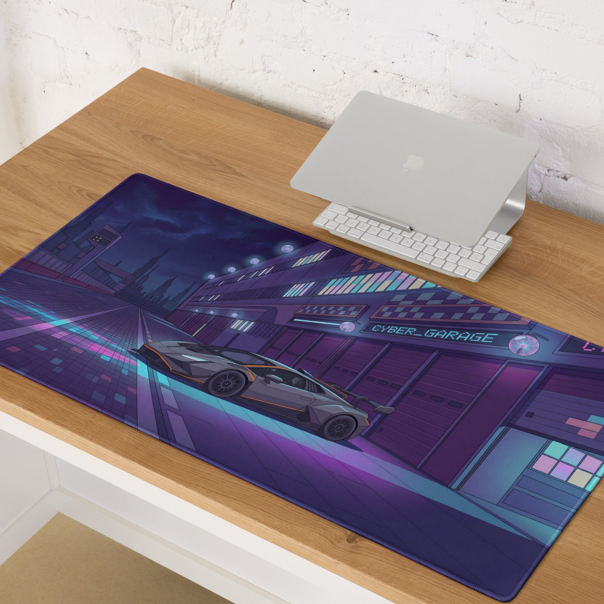 Lamborghini Huracán STO GT3 Inspired Silver Purple Vaporwave Gaming Mouse Pad – Neon Cyberpunk Garage Desk Mat, Futuristic Night City Anime Style Automotive Artwork