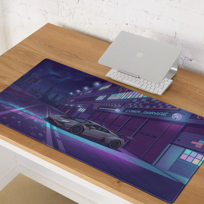 Lamborghini Huracán STO GT3 Inspired Silver Purple Vaporwave Gaming Mouse Pad – Neon Cyberpunk Garage Desk Mat, Futuristic Night City Anime Style Automotive Artwork