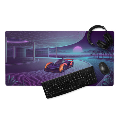 McLaren Solus GT Inspired Orange Purple Vaporwave Gaming Mouse Pad – Neon Retro Futuristic Grid Road Desk Mat with Synthwave Sunset Palm Tree Art