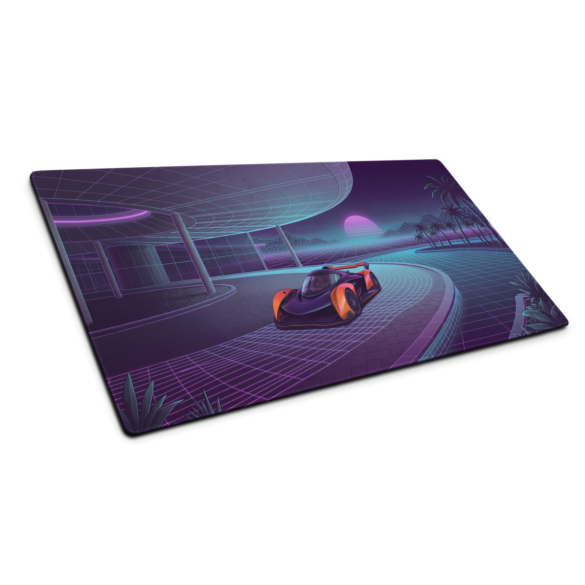McLaren Solus GT Inspired Orange Purple Vaporwave Gaming Mouse Pad – Neon Retro Futuristic Grid Road Desk Mat with Synthwave Sunset Palm Tree Art