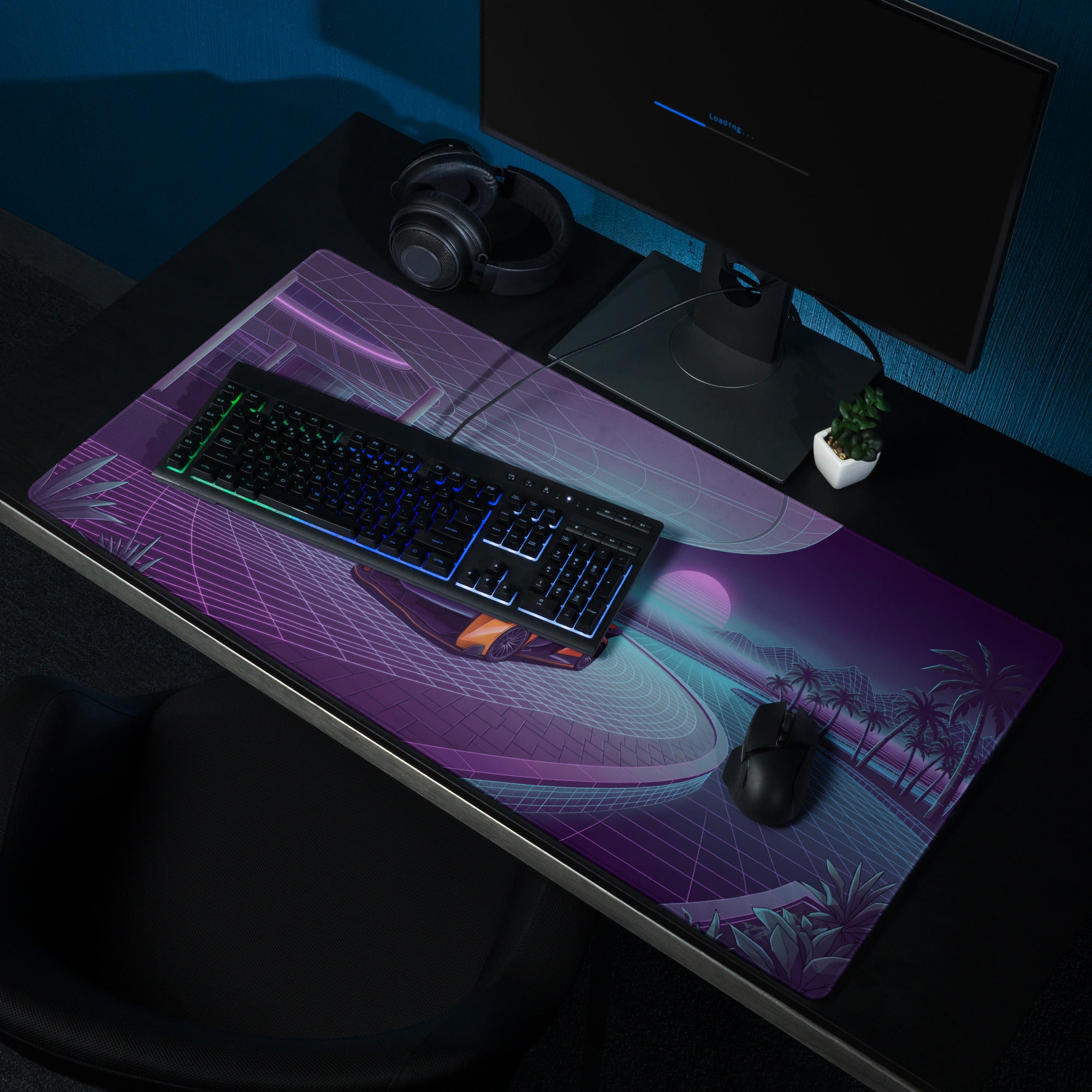 McLaren Solus GT Inspired Orange Purple Vaporwave Gaming Mouse Pad – Neon Retro Futuristic Grid Road Desk Mat with Synthwave Sunset Palm Tree Art