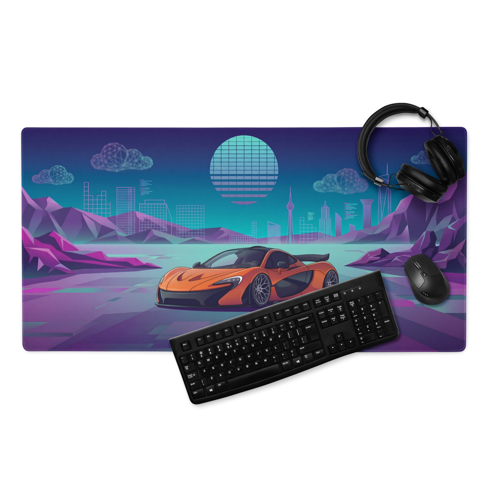 McLaren P1 Inspired Orange Purple Vaporwave Gaming Mouse Pad – Neon Futuristic City Skyline Desk Mat with Geometric Mountains and Retro Synthwave Art