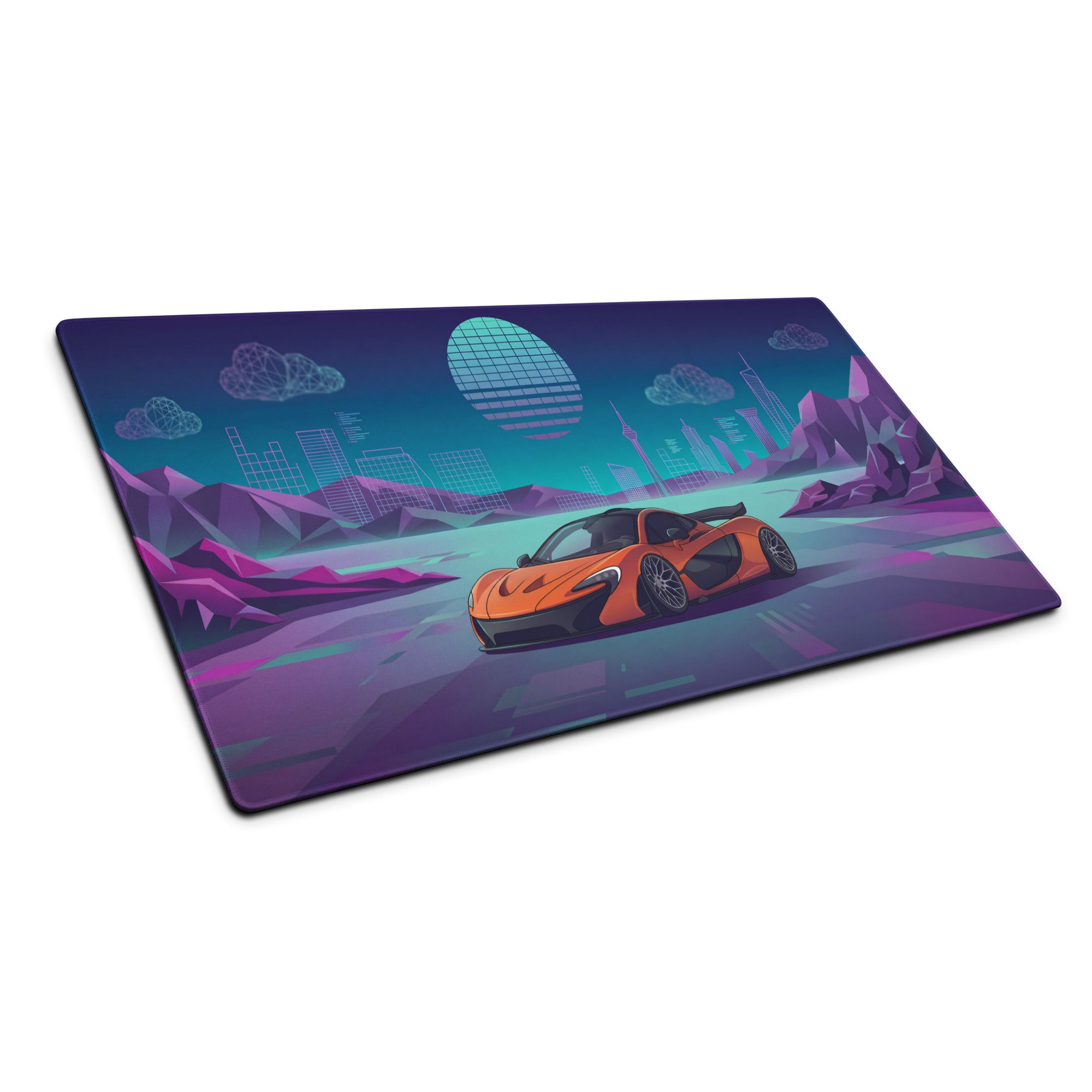 McLaren P1 Inspired Orange Purple Vaporwave Gaming Mouse Pad – Neon Futuristic City Skyline Desk Mat with Geometric Mountains and Retro Synthwave Art