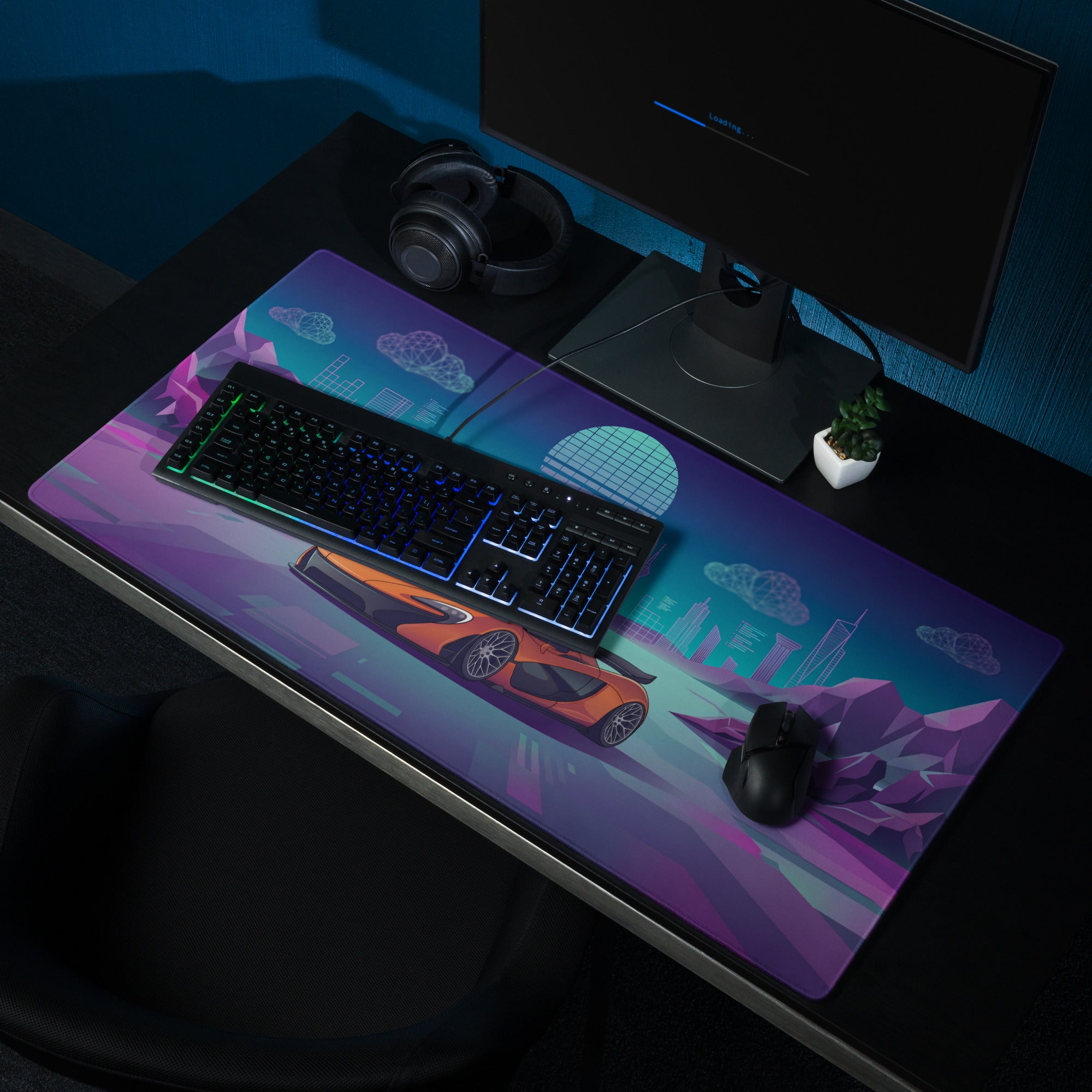 McLaren P1 Inspired Orange Purple Vaporwave Gaming Mouse Pad – Neon Futuristic City Skyline Desk Mat with Geometric Mountains and Retro Synthwave Art