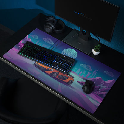 McLaren P1 Inspired Orange Purple Vaporwave Gaming Mouse Pad – Neon Futuristic City Skyline Desk Mat with Geometric Mountains and Retro Synthwave Art