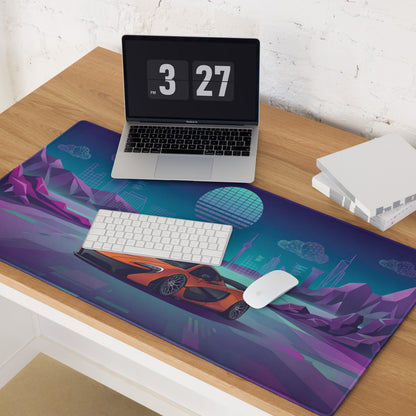 McLaren P1 Inspired Orange Purple Vaporwave Gaming Mouse Pad – Neon Futuristic City Skyline Desk Mat with Geometric Mountains and Retro Synthwave Art