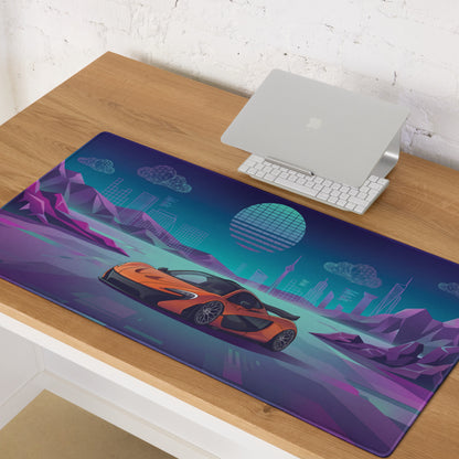 McLaren P1 Inspired Orange Purple Vaporwave Gaming Mouse Pad – Neon Futuristic City Skyline Desk Mat with Geometric Mountains and Retro Synthwave Art