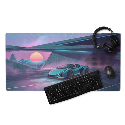 Lamborghini Sián Roadster Inspired Cyan Purple Vaporwave Gaming Mouse Pad – Neon Futuristic Garage Desk Mat with Synthwave Sunset and Retro Grid Art