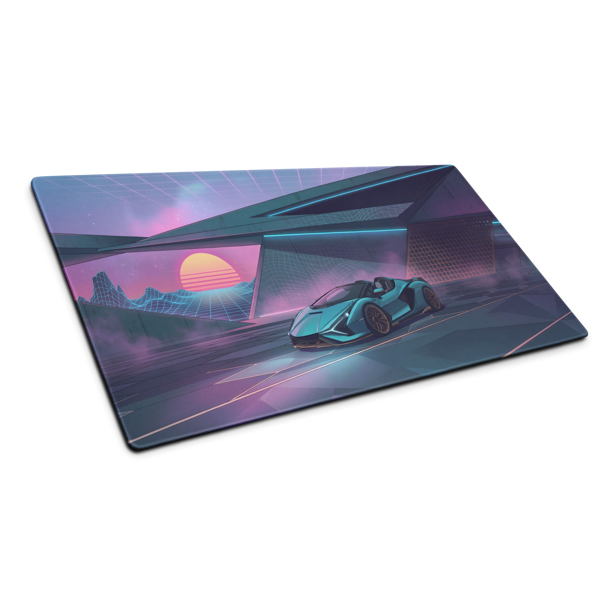 Lamborghini Sián Roadster Inspired Cyan Purple Vaporwave Gaming Mouse Pad – Neon Futuristic Garage Desk Mat with Synthwave Sunset and Retro Grid Art