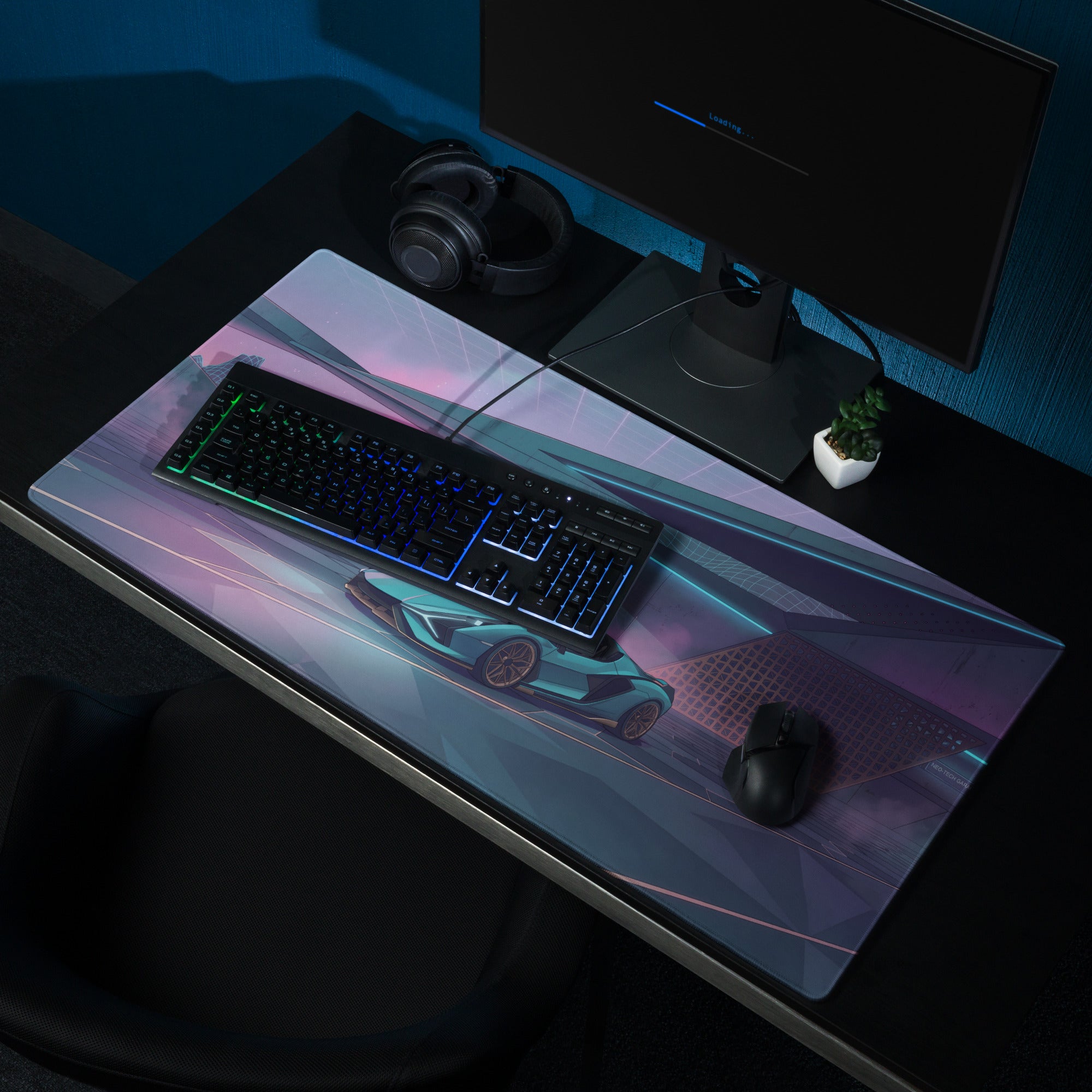 Lamborghini Sián Roadster Inspired Cyan Purple Vaporwave Gaming Mouse Pad – Neon Futuristic Garage Desk Mat with Synthwave Sunset and Retro Grid Art