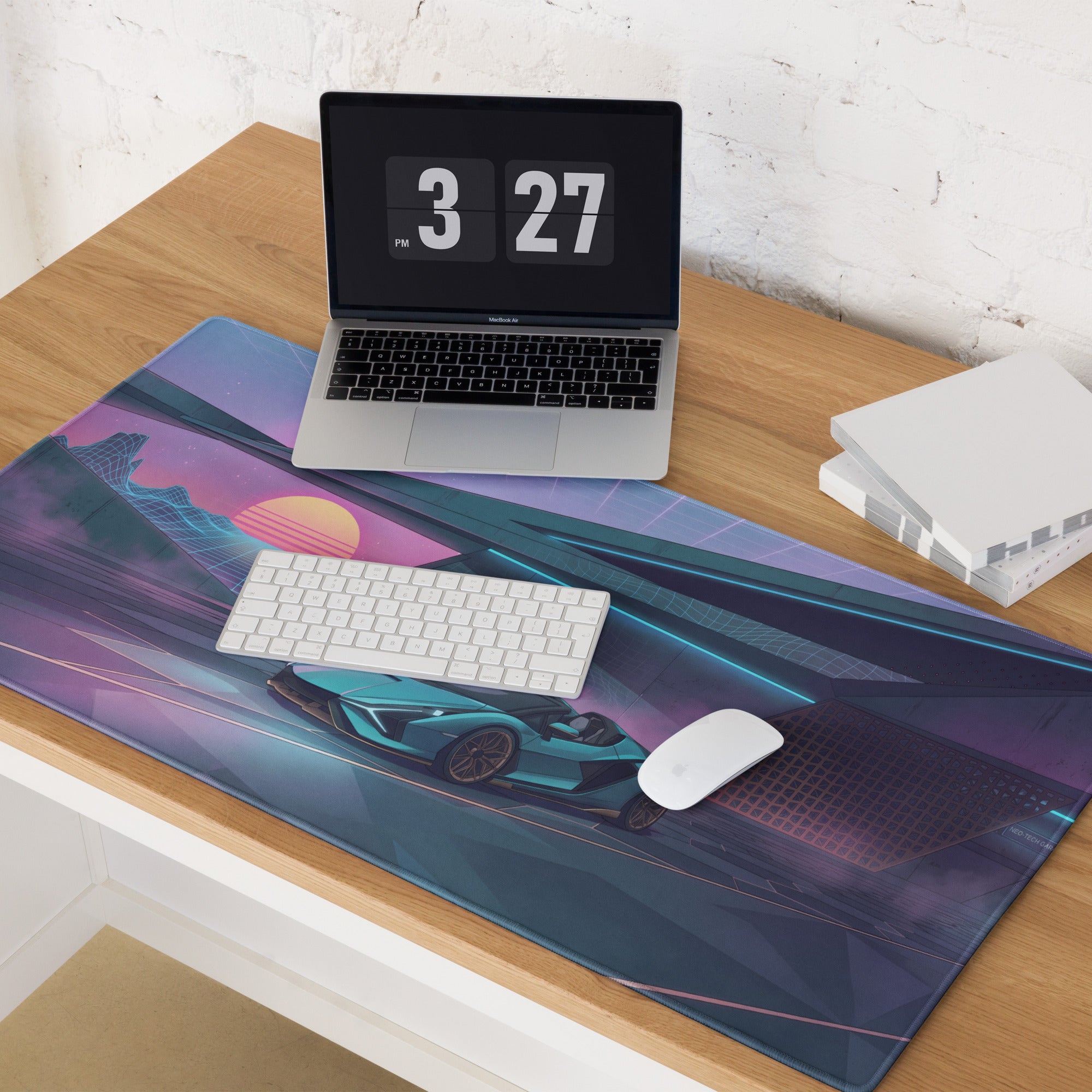 Lamborghini Sián Roadster Inspired Cyan Purple Vaporwave Gaming Mouse Pad – Neon Futuristic Garage Desk Mat with Synthwave Sunset and Retro Grid Art