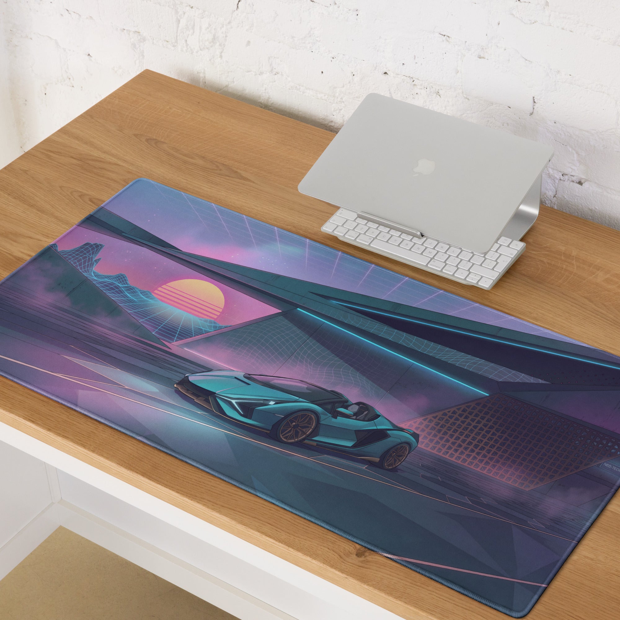 Lamborghini Sián Roadster Inspired Cyan Purple Vaporwave Gaming Mouse Pad – Neon Futuristic Garage Desk Mat with Synthwave Sunset and Retro Grid Art