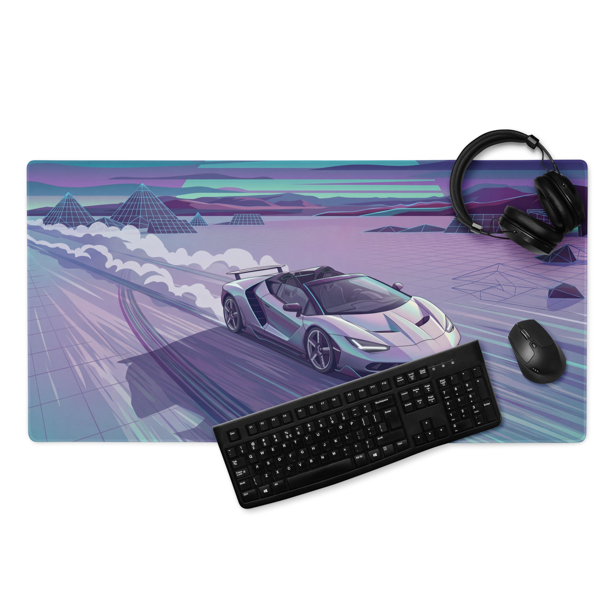 Lamborghini Centenario Roadster Inspired Silver Cyan Vaporwave Gaming Mouse Pad – Retro Futuristic Racing Desk Mat with Neon Grid Mountains and Dreamy Synthwave Artwork