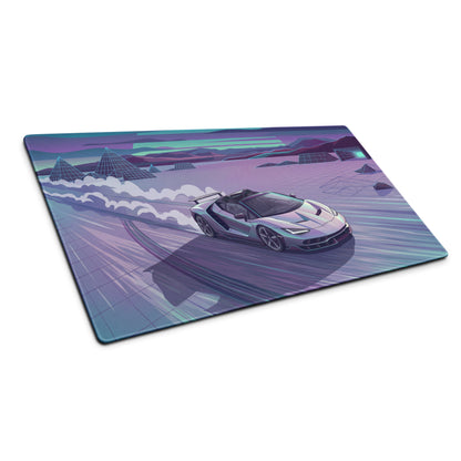 Lamborghini Centenario Roadster Inspired Silver Cyan Vaporwave Gaming Mouse Pad – Retro Futuristic Racing Desk Mat with Neon Grid Mountains and Dreamy Synthwave Artwork