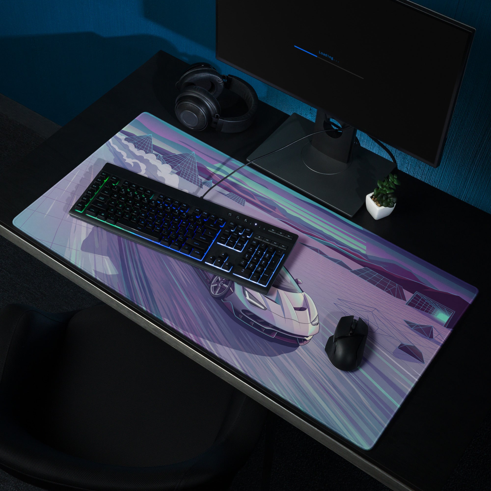 Lamborghini Centenario Roadster Inspired Silver Cyan Vaporwave Gaming Mouse Pad – Retro Futuristic Racing Desk Mat with Neon Grid Mountains and Dreamy Synthwave Artwork