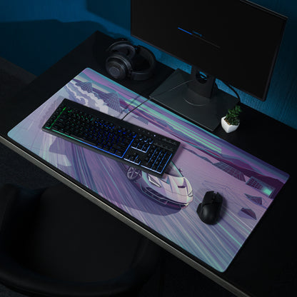 Lamborghini Centenario Roadster Inspired Silver Cyan Vaporwave Gaming Mouse Pad – Retro Futuristic Racing Desk Mat with Neon Grid Mountains and Dreamy Synthwave Artwork