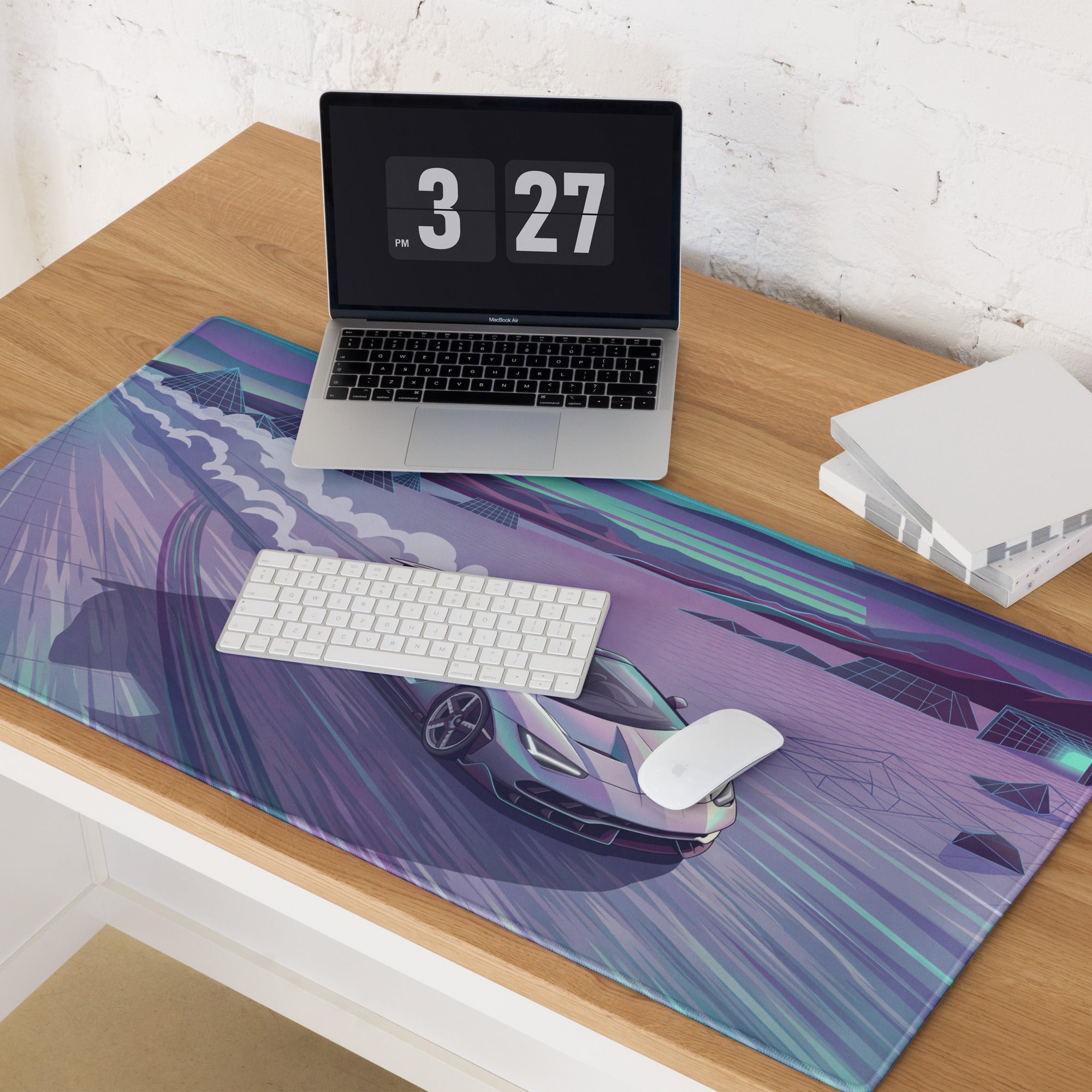 Lamborghini Centenario Roadster Inspired Silver Cyan Vaporwave Gaming Mouse Pad – Retro Futuristic Racing Desk Mat with Neon Grid Mountains and Dreamy Synthwave Artwork