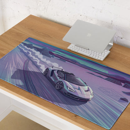 Lamborghini Centenario Roadster Inspired Silver Cyan Vaporwave Gaming Mouse Pad – Retro Futuristic Racing Desk Mat with Neon Grid Mountains and Dreamy Synthwave Artwork