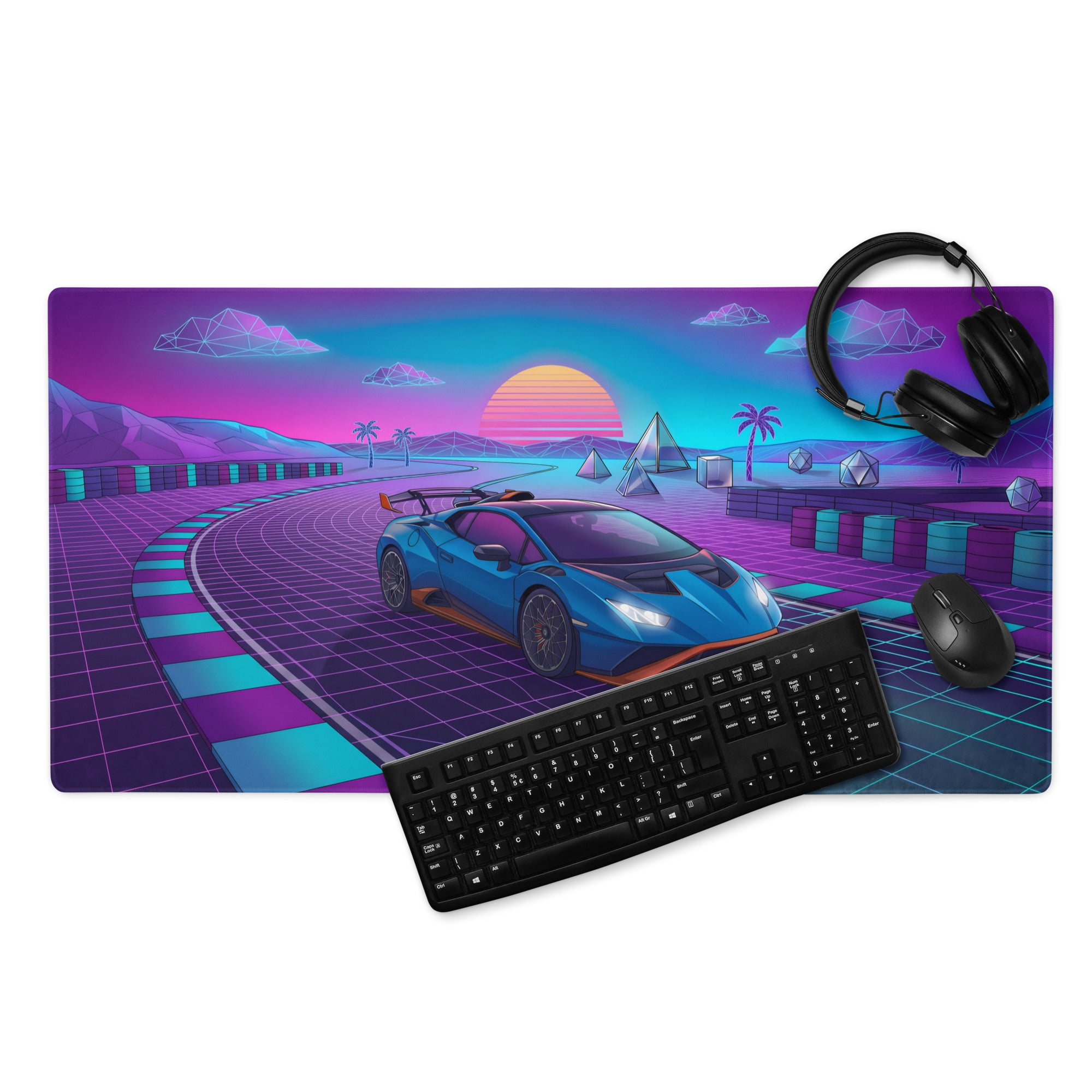 Lamborghini Huracán STO Inspired Blue Purple Vaporwave Gaming Mouse Pad – Neon Synthwave Racetrack Desk Mat with Retro Sunset and Futuristic Grid Art