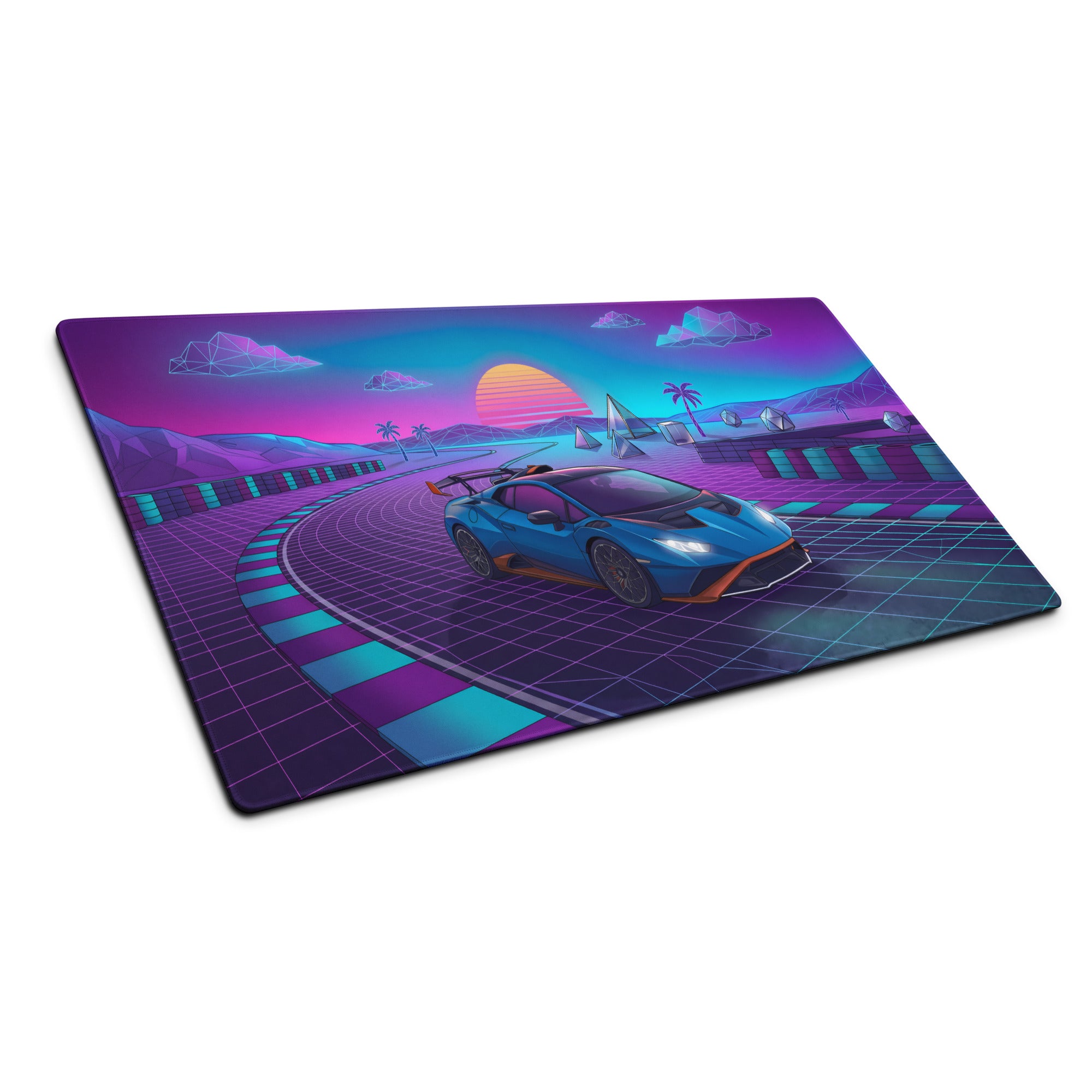 Lamborghini Huracán STO Inspired Blue Purple Vaporwave Gaming Mouse Pad – Neon Synthwave Racetrack Desk Mat with Retro Sunset and Futuristic Grid Art