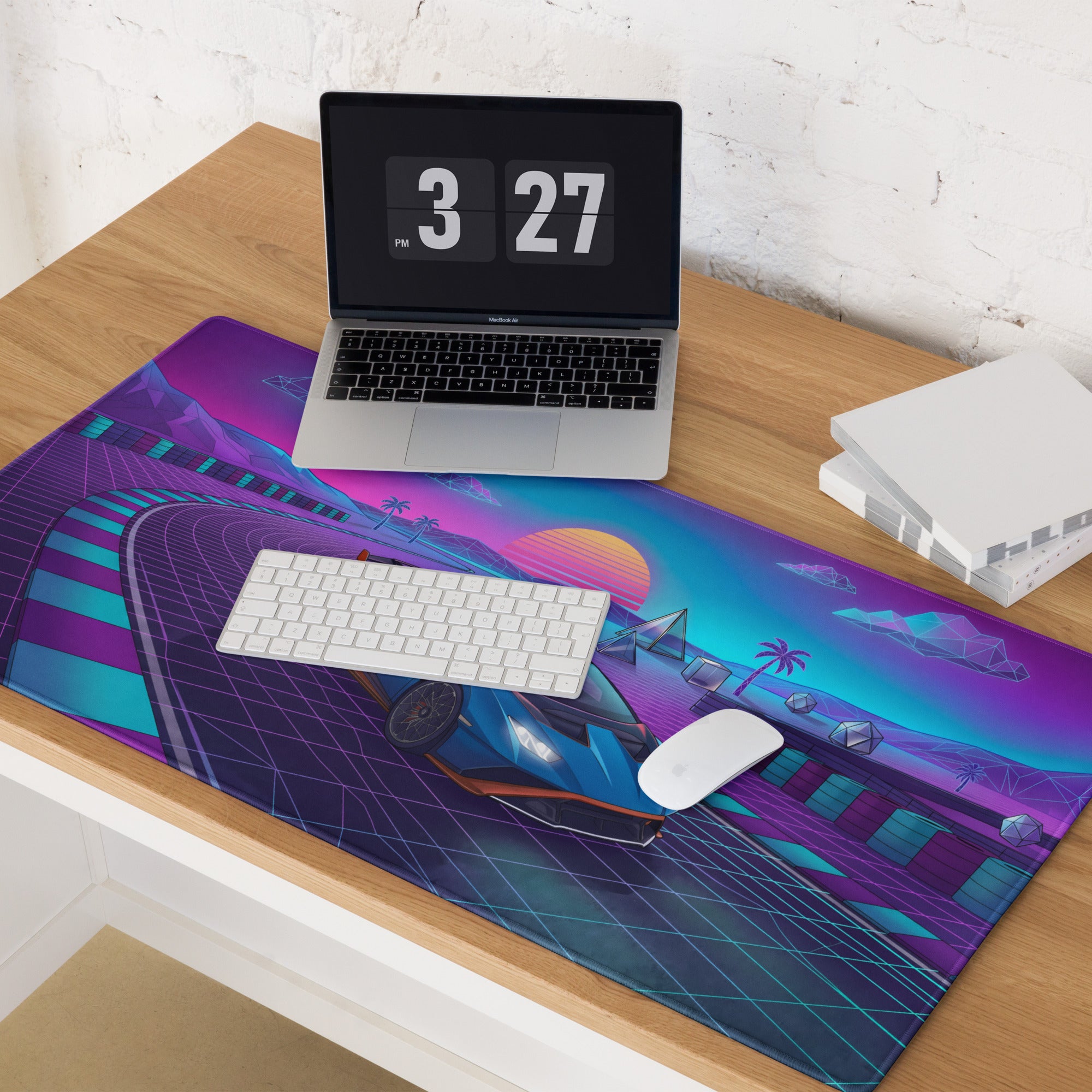 Lamborghini Huracán STO Inspired Blue Purple Vaporwave Gaming Mouse Pad – Neon Synthwave Racetrack Desk Mat with Retro Sunset and Futuristic Grid Art