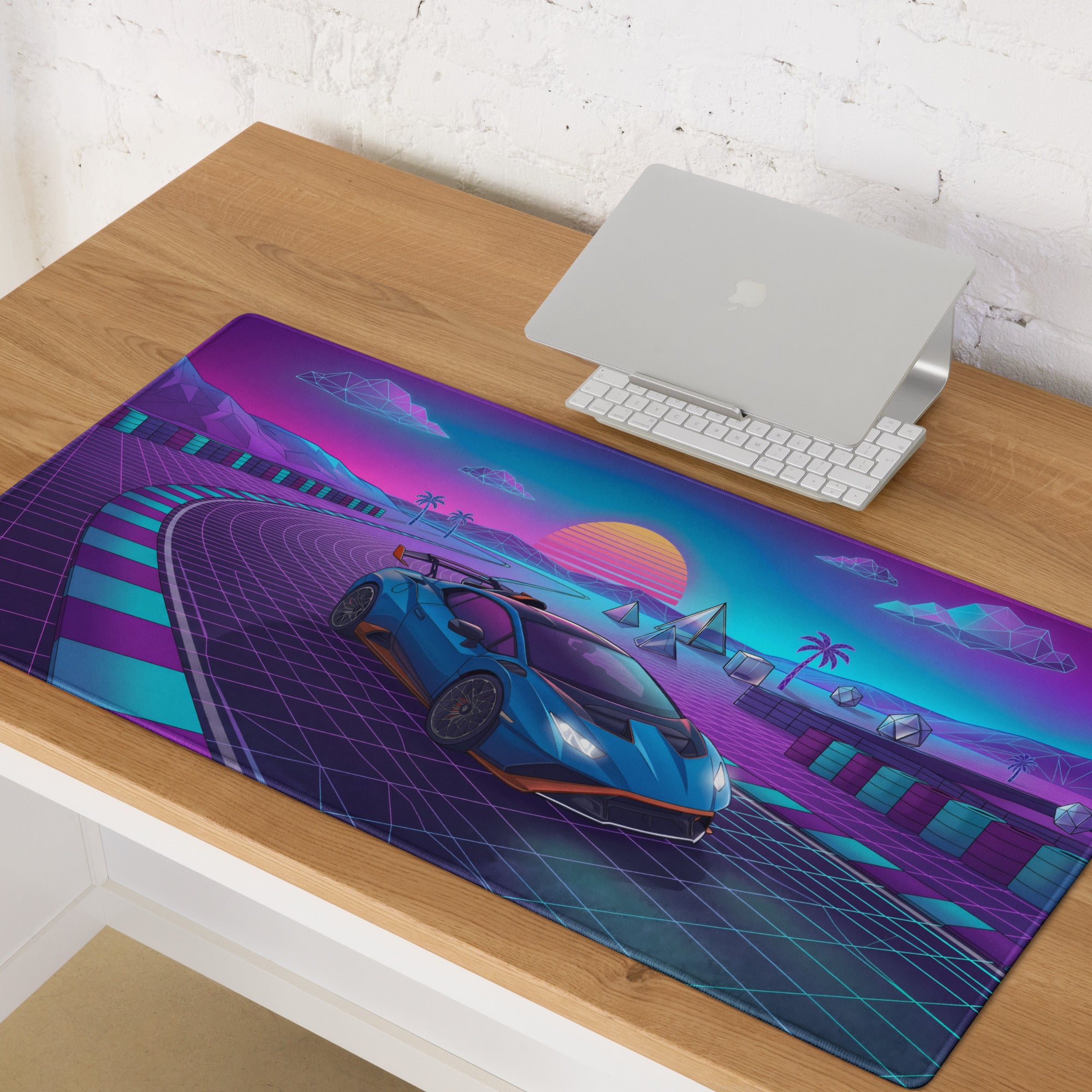 Lamborghini Huracán STO Inspired Blue Purple Vaporwave Gaming Mouse Pad – Neon Synthwave Racetrack Desk Mat with Retro Sunset and Futuristic Grid Art