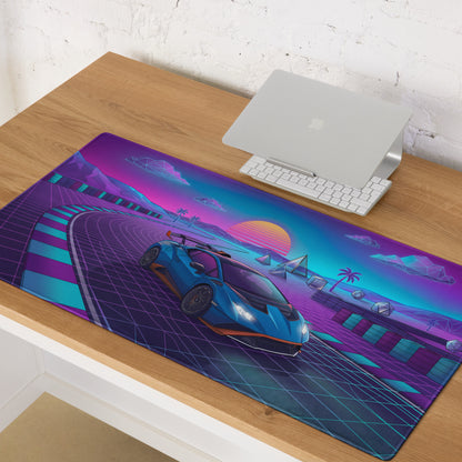 Lamborghini Huracán STO Inspired Blue Purple Vaporwave Gaming Mouse Pad – Neon Synthwave Racetrack Desk Mat with Retro Sunset and Futuristic Grid Art