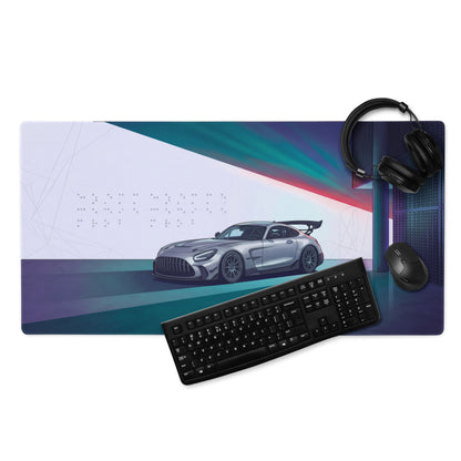 Mercedes-AMG GT Black Series Inspired Silver Cyan Vaporwave Gaming Mouse Pad – Neon Futuristic Garage Desk Mat with Moody Synthwave Automotive Art