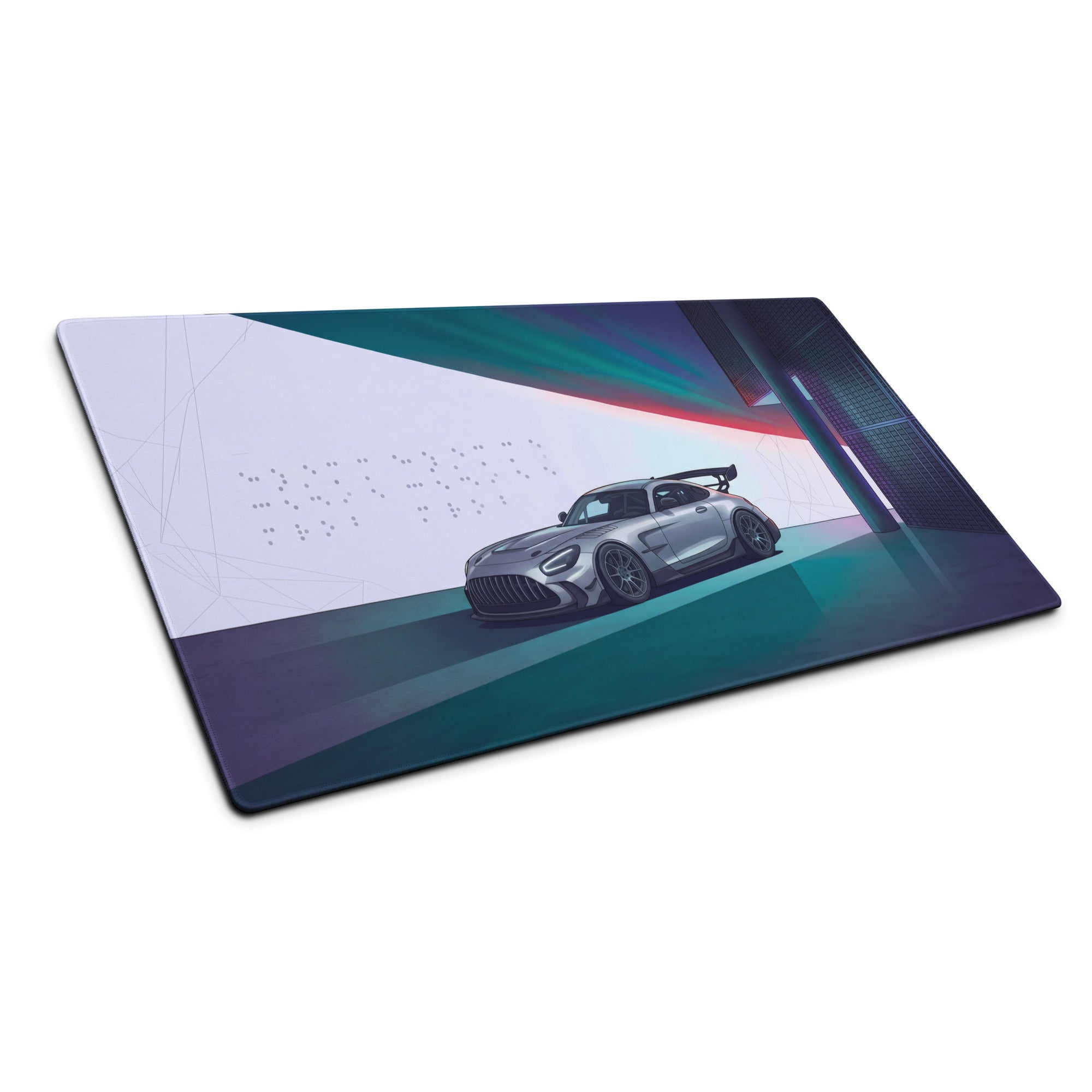 Mercedes-AMG GT Black Series Inspired Silver Cyan Vaporwave Gaming Mouse Pad – Neon Futuristic Garage Desk Mat with Moody Synthwave Automotive Art