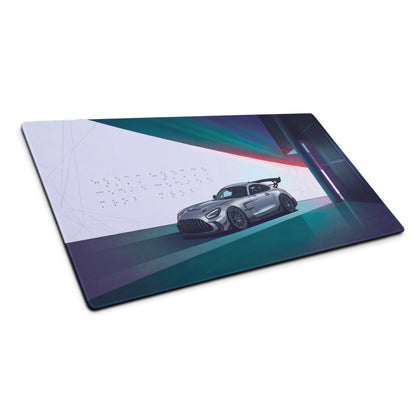 Mercedes-AMG GT Black Series Inspired Silver Cyan Vaporwave Gaming Mouse Pad – Neon Futuristic Garage Desk Mat with Moody Synthwave Automotive Art