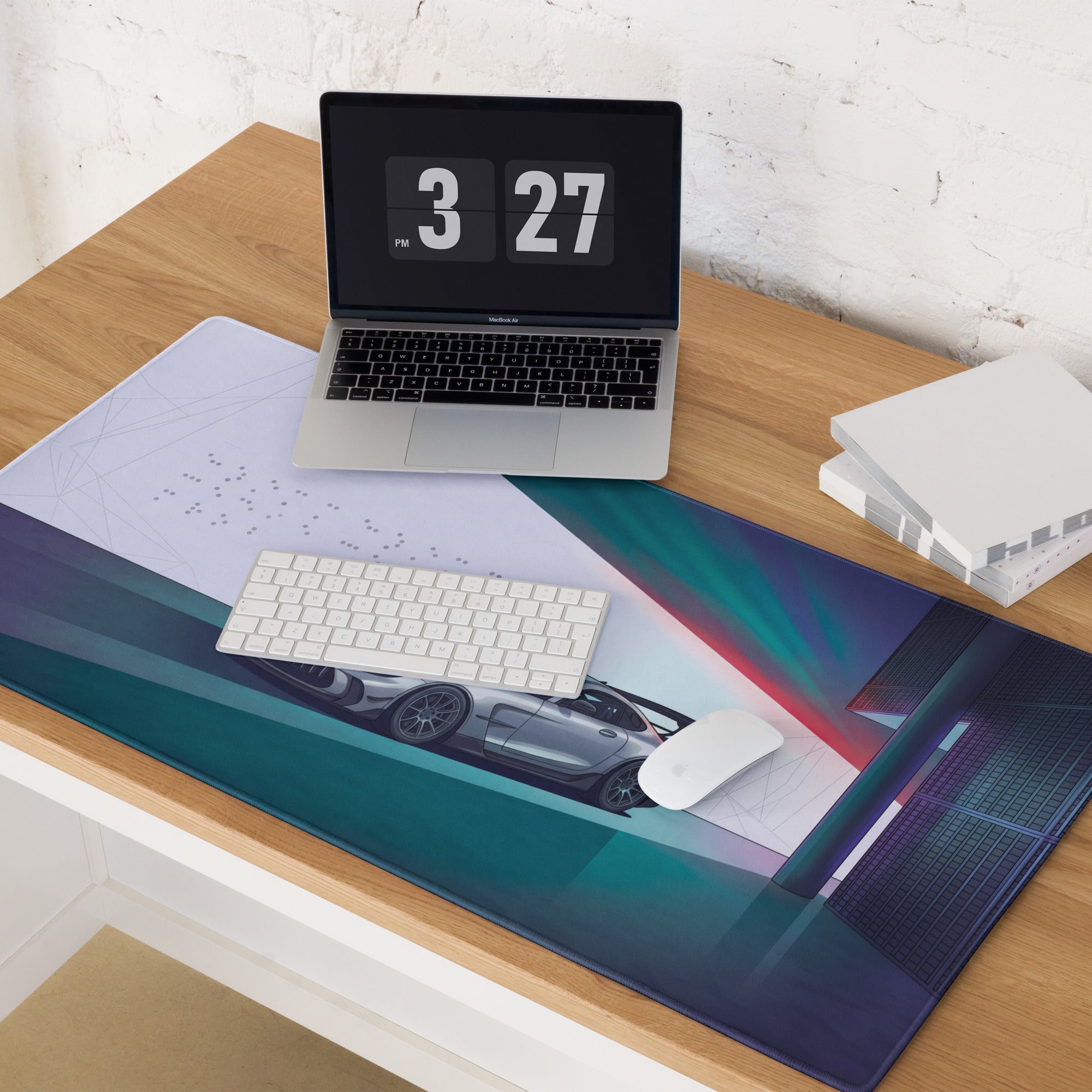 Mercedes-AMG GT Black Series Inspired Silver Cyan Vaporwave Gaming Mouse Pad – Neon Futuristic Garage Desk Mat with Moody Synthwave Automotive Art
