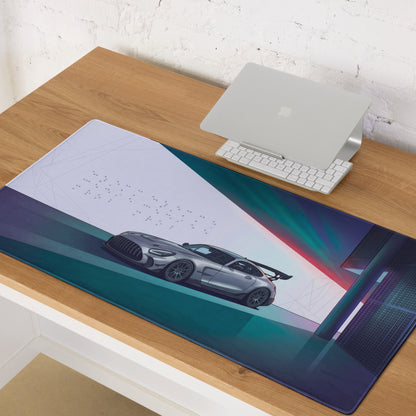 Mercedes-AMG GT Black Series Inspired Silver Cyan Vaporwave Gaming Mouse Pad – Neon Futuristic Garage Desk Mat with Moody Synthwave Automotive Art