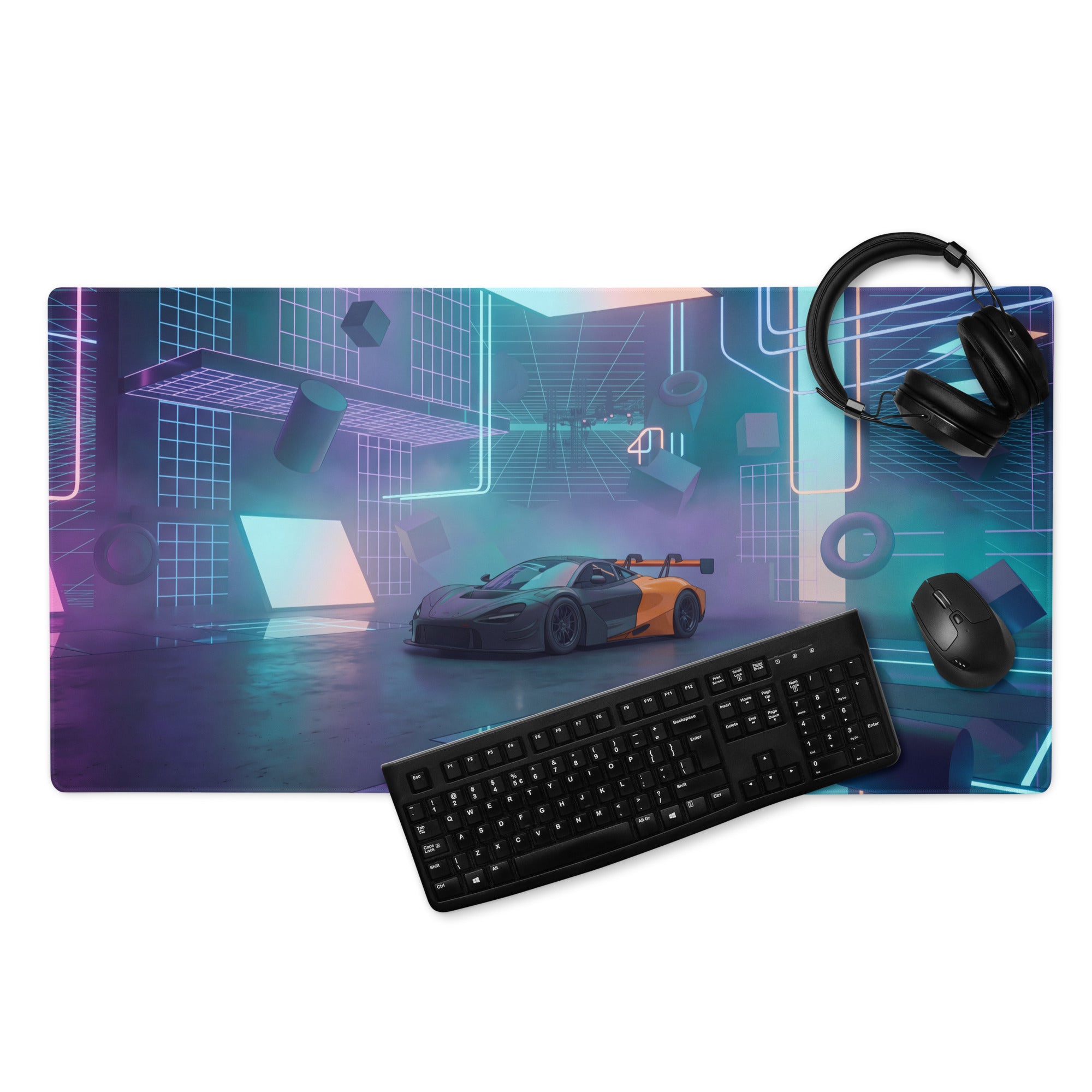 McLaren 720S GT3 Inspired Black Orange Vaporwave Gaming Mouse Pad – Neon Cyberpunk Garage Desk Mat with Futuristic Geometric Synthwave Artwork