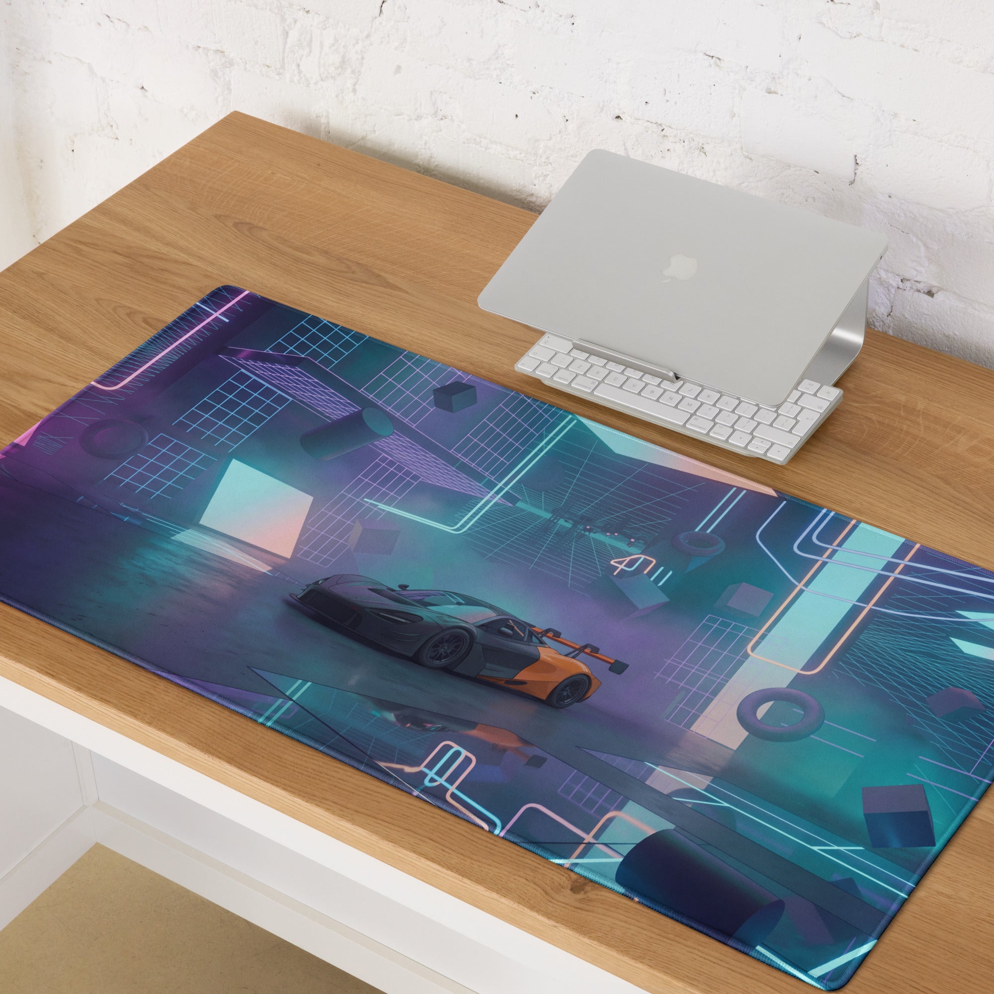 McLaren 720S GT3 Inspired Black Orange Vaporwave Gaming Mouse Pad – Neon Cyberpunk Garage Desk Mat with Futuristic Geometric Synthwave Artwork